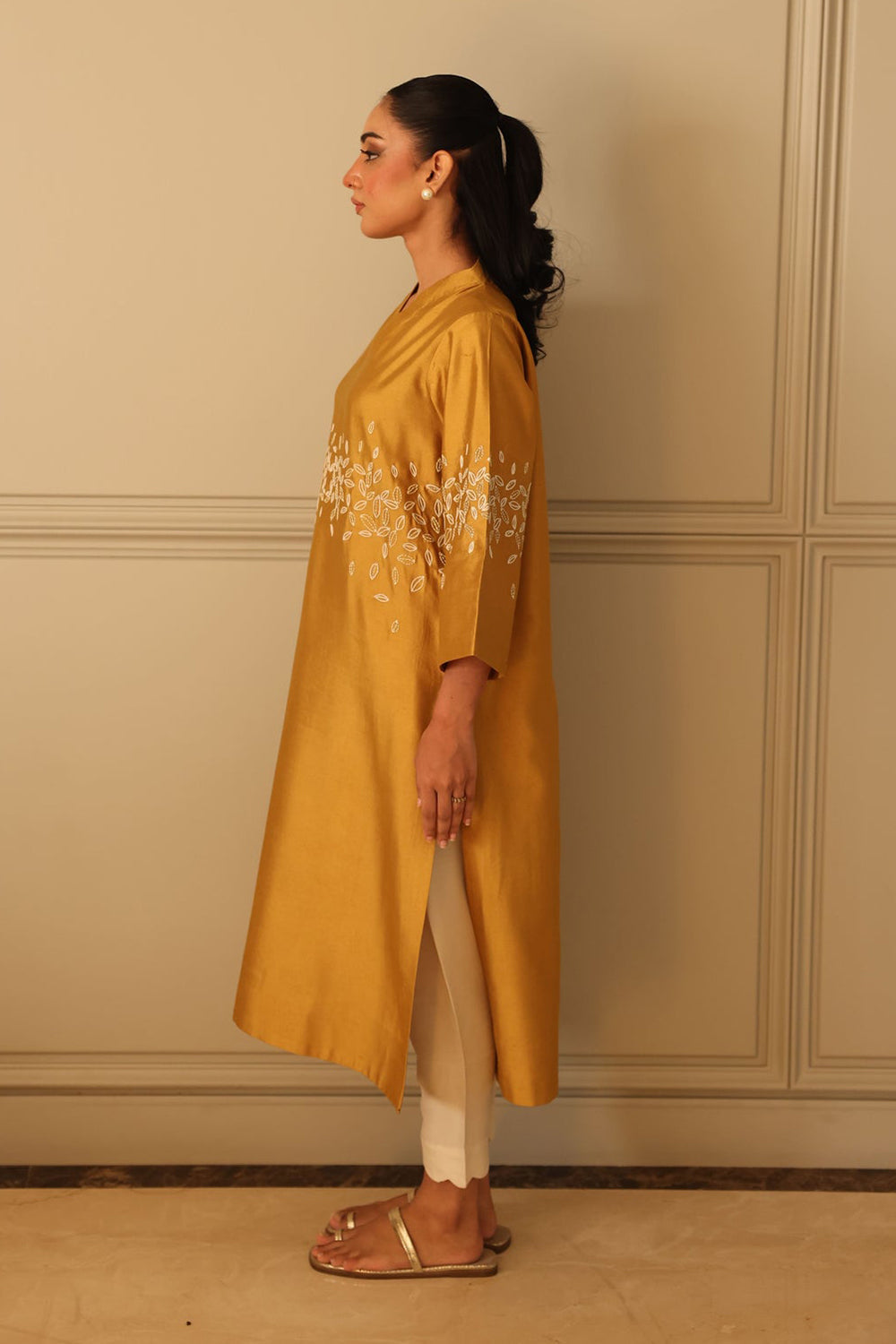 Mustard Silk Kurta Set with Embroidered Detail & Organza Dupatta