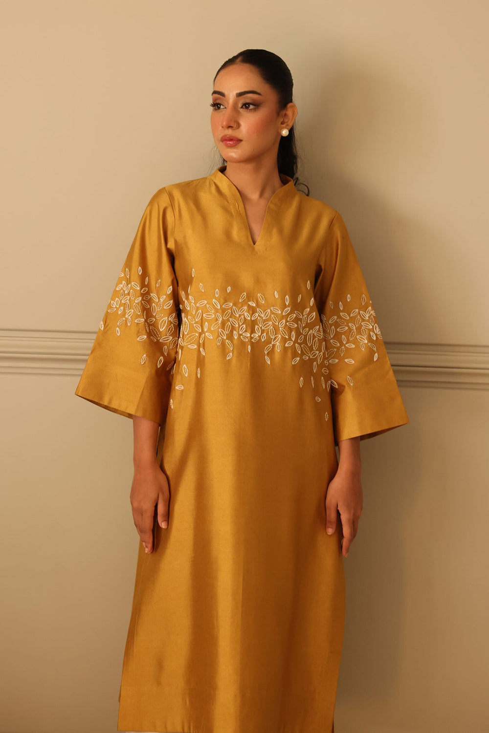 Mustard Silk Kurta Set with Embroidered Detail & Organza Dupatta
