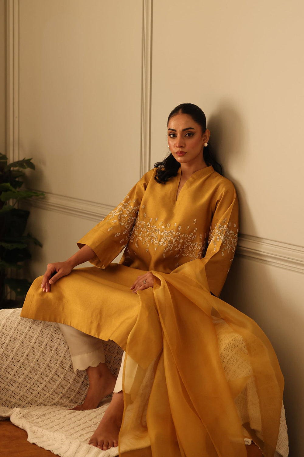 Mustard Silk Kurta Set with Embroidered Detail & Organza Dupatta