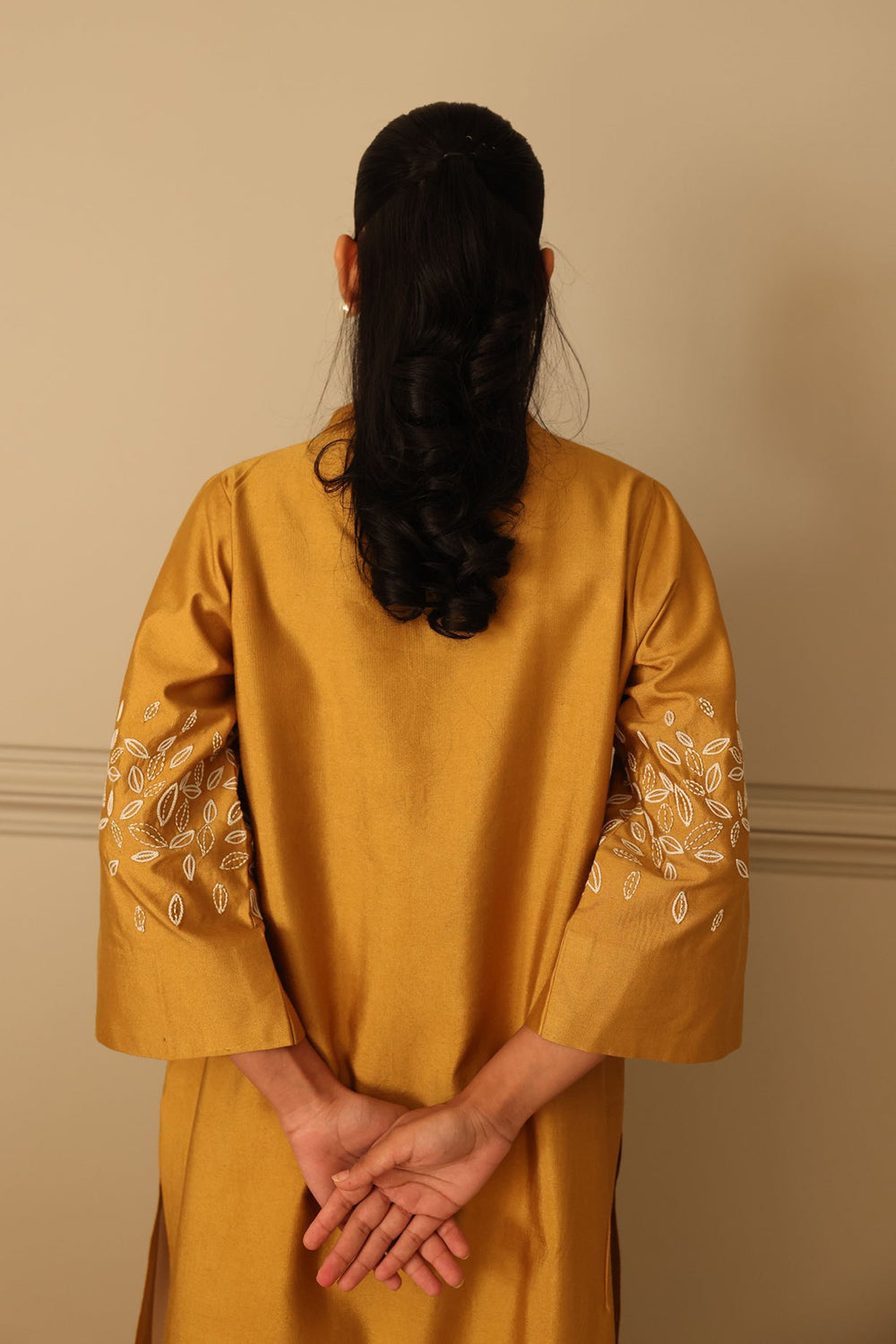 Mustard Silk Kurta Set with Embroidered Detail & Organza Dupatta