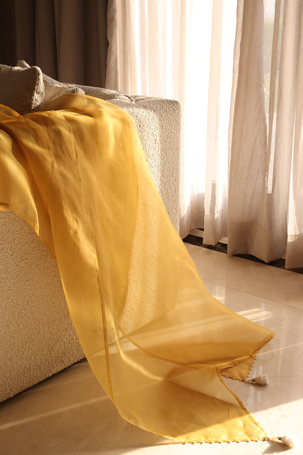 Mustard Silk Kurta Set with Embroidered Detail & Organza Dupatta