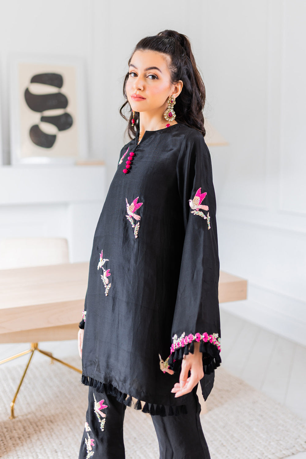 Noir Hummingbird Embroidered Kurta Set