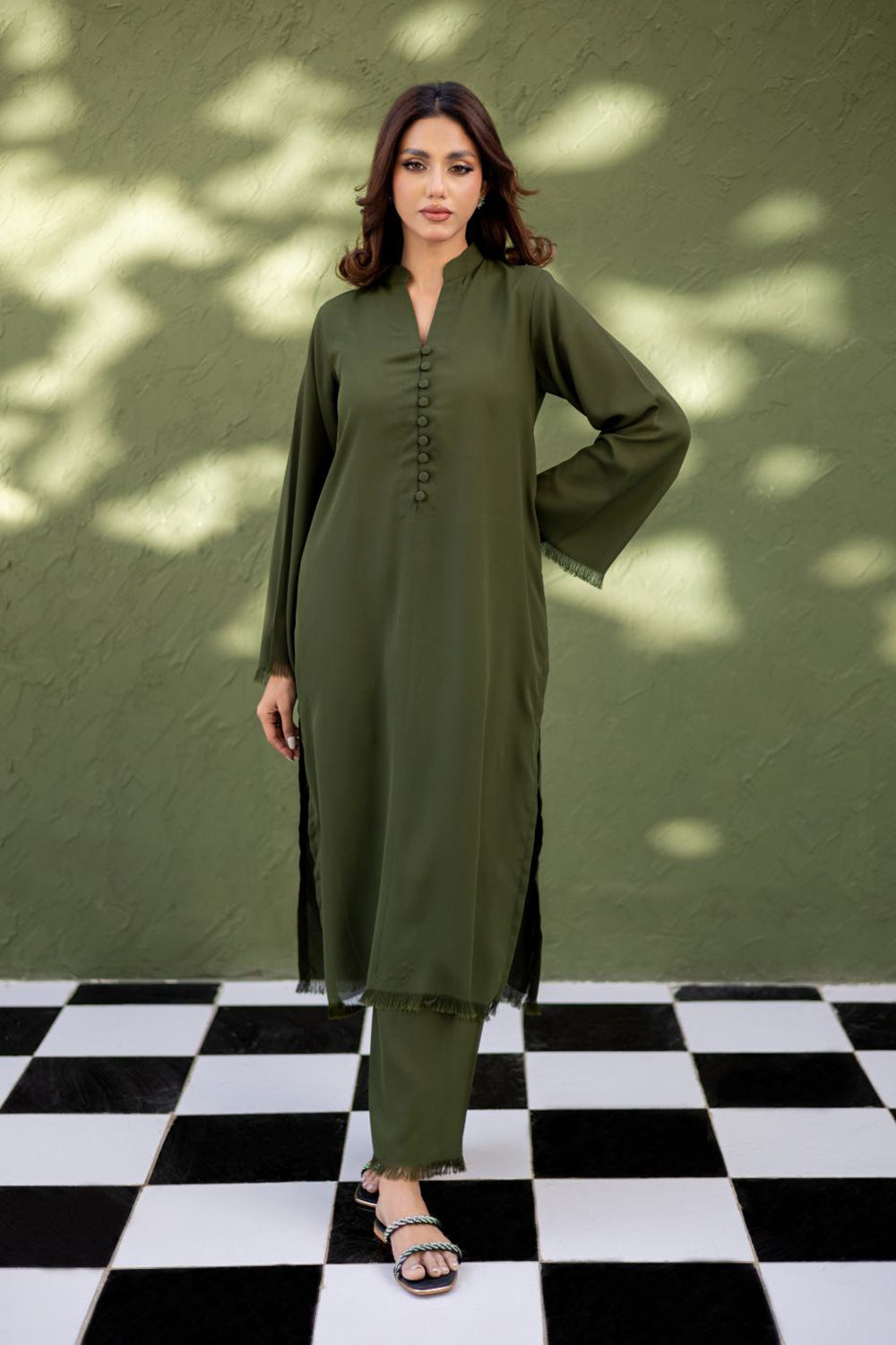 Olive Moss Button Kurta Set