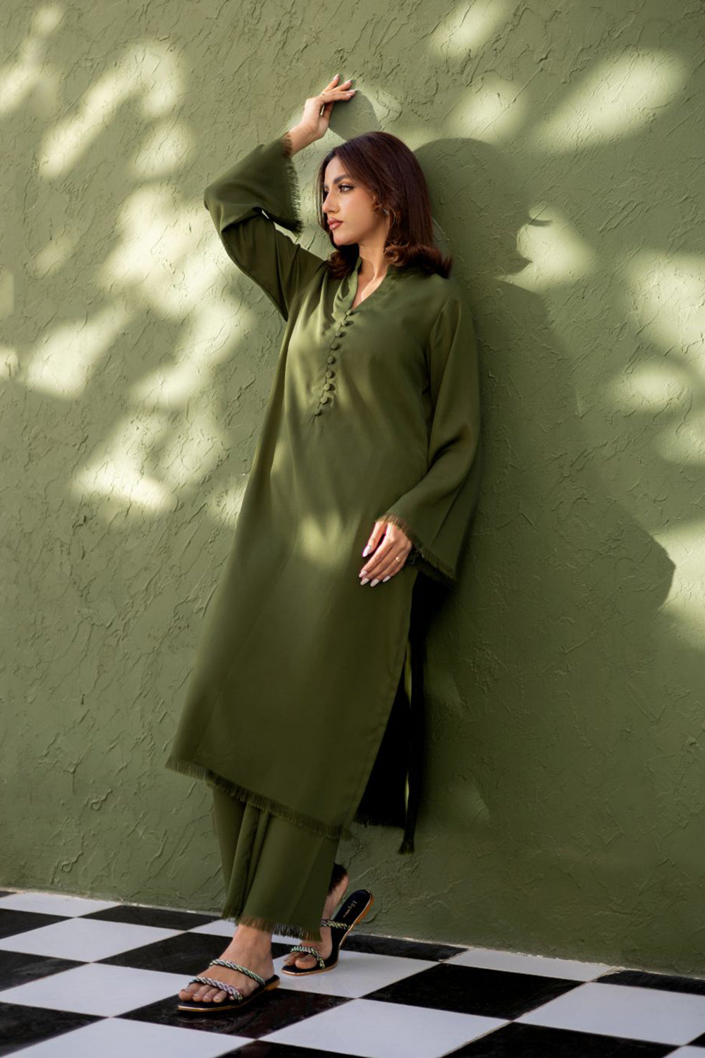 Olive Moss Button Kurta Set