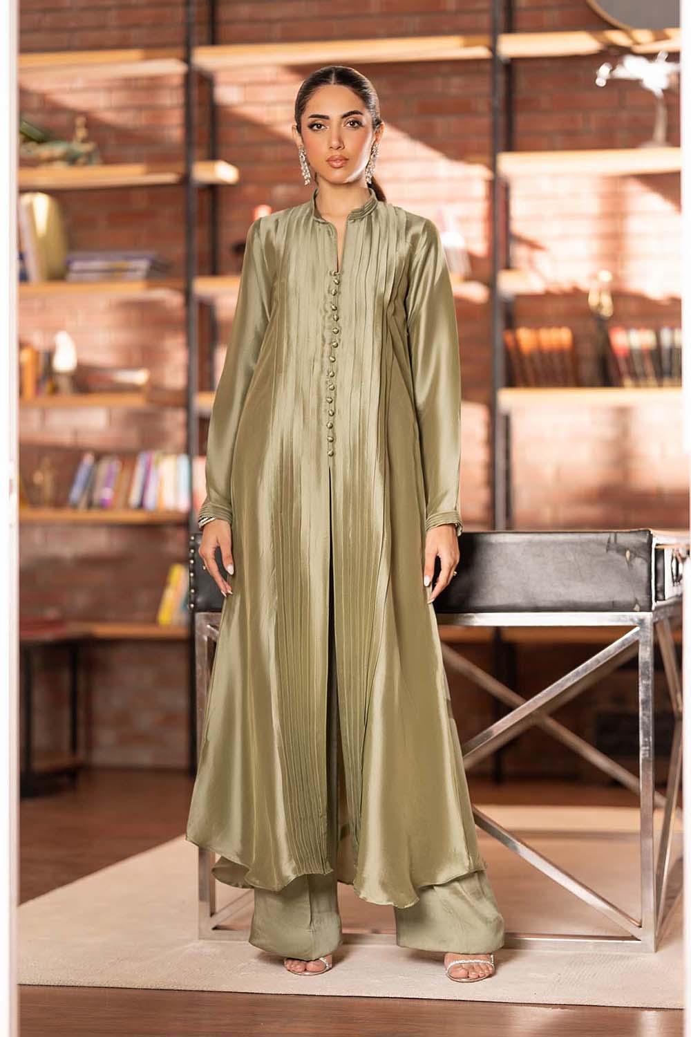 Olive Satin Pleated Suit Set with Dupatta