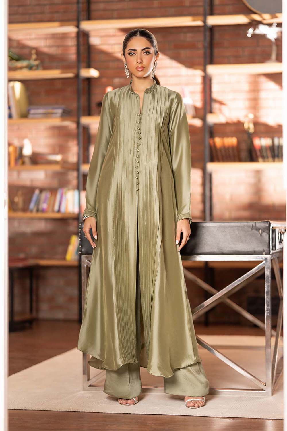 Olive Sheen Pintuck Kurta Set with Dupatta