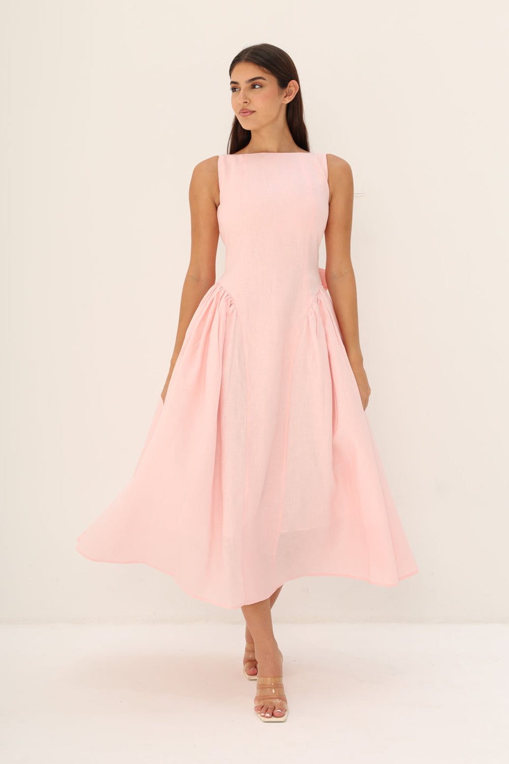 Peach Linen Fit & Flare Midi Dress