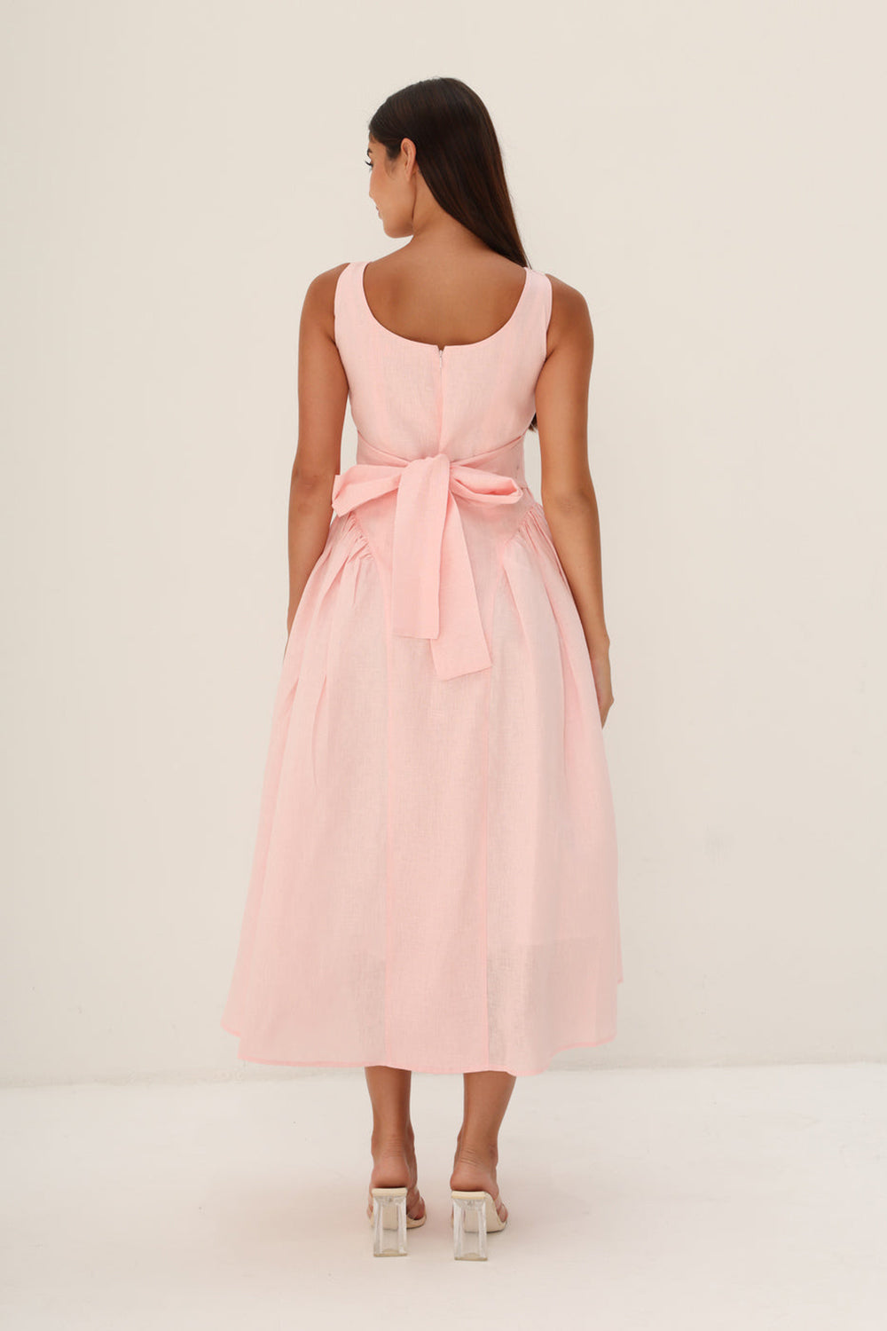Peach Linen Fit & Flare Midi Dress