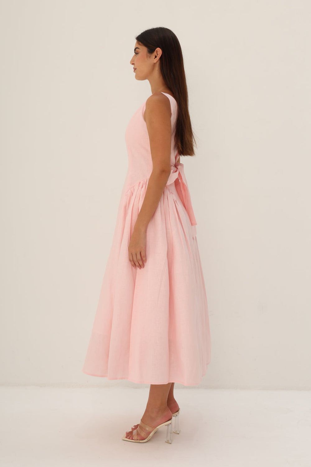 Peach Linen Fit & Flare Midi Dress