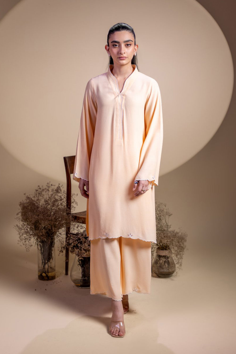 Peach Scallop Detail Kurta Set