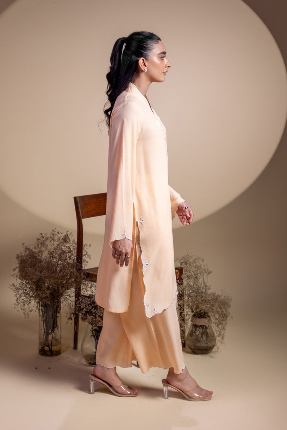 Peach Scallop Detail Kurta Set