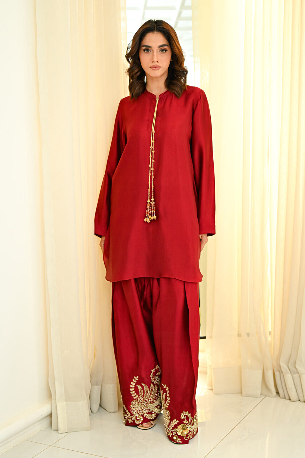 Red Silk Embroidered Farshi Kurta Set