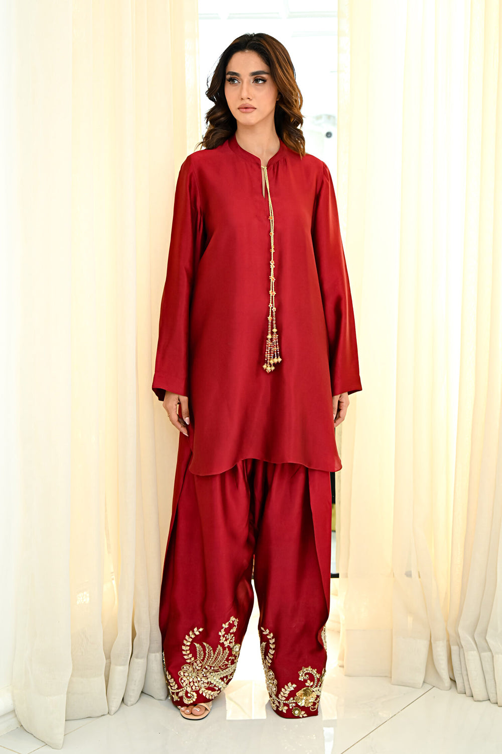 Red Silk Embroidered Farshi Kurta Set