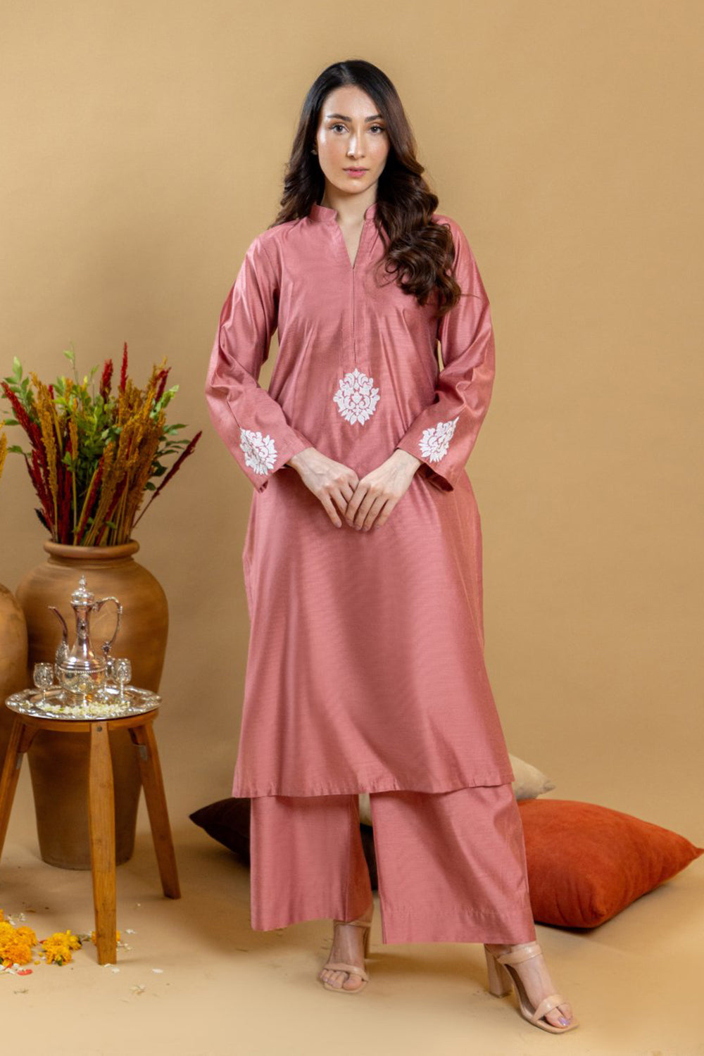 Rose Sand Embroidered Kurta Palazzo Set