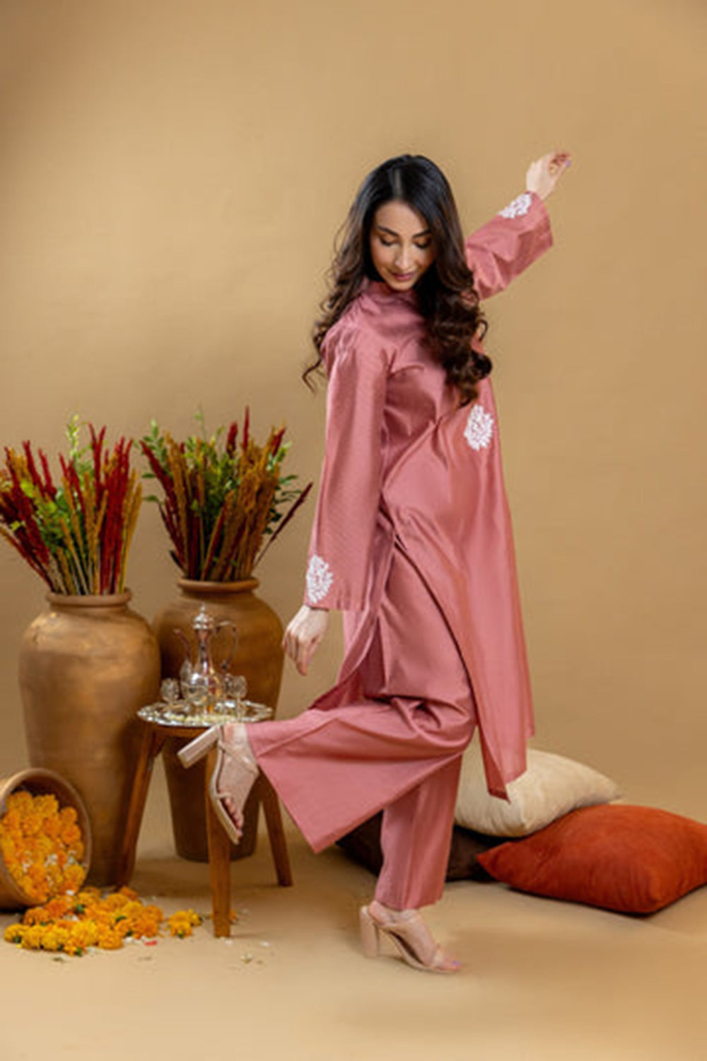Rose Sand Embroidered Kurta Palazzo Set