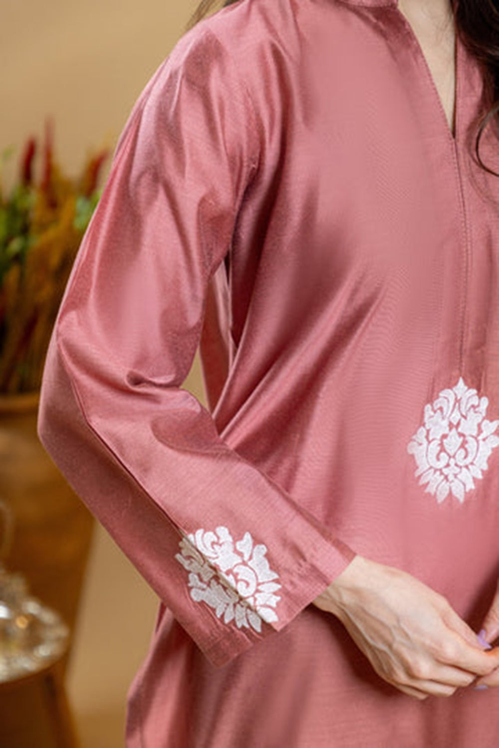 Rose Sand Embroidered Kurta Palazzo Set