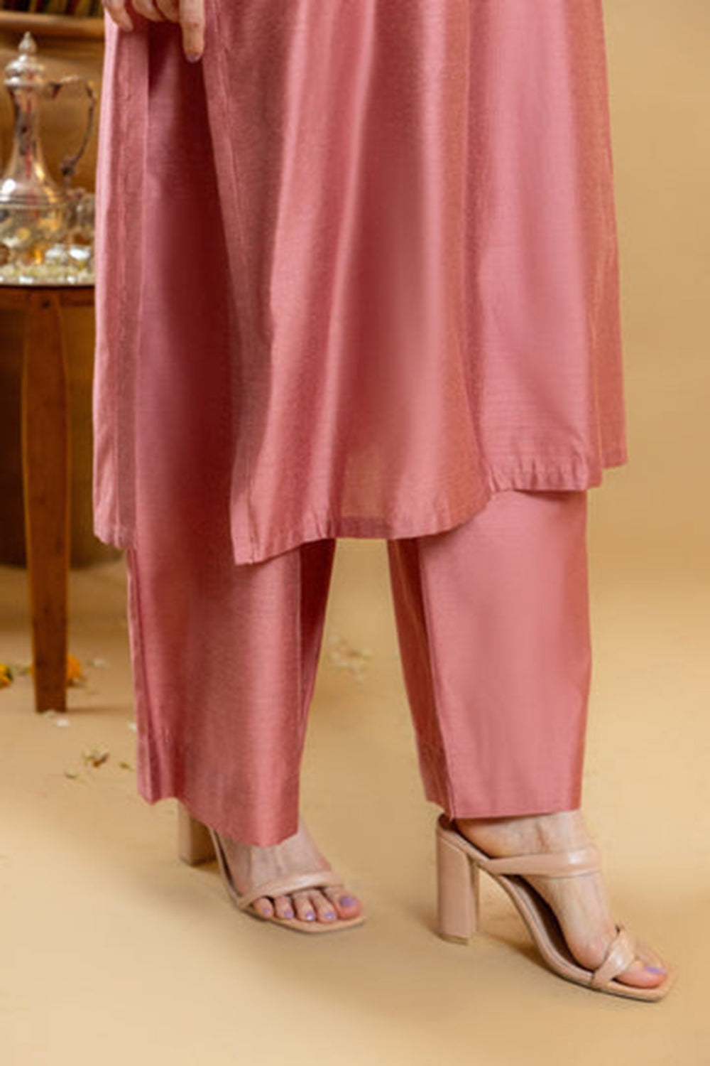 Rose Sand Embroidered Kurta Palazzo Set