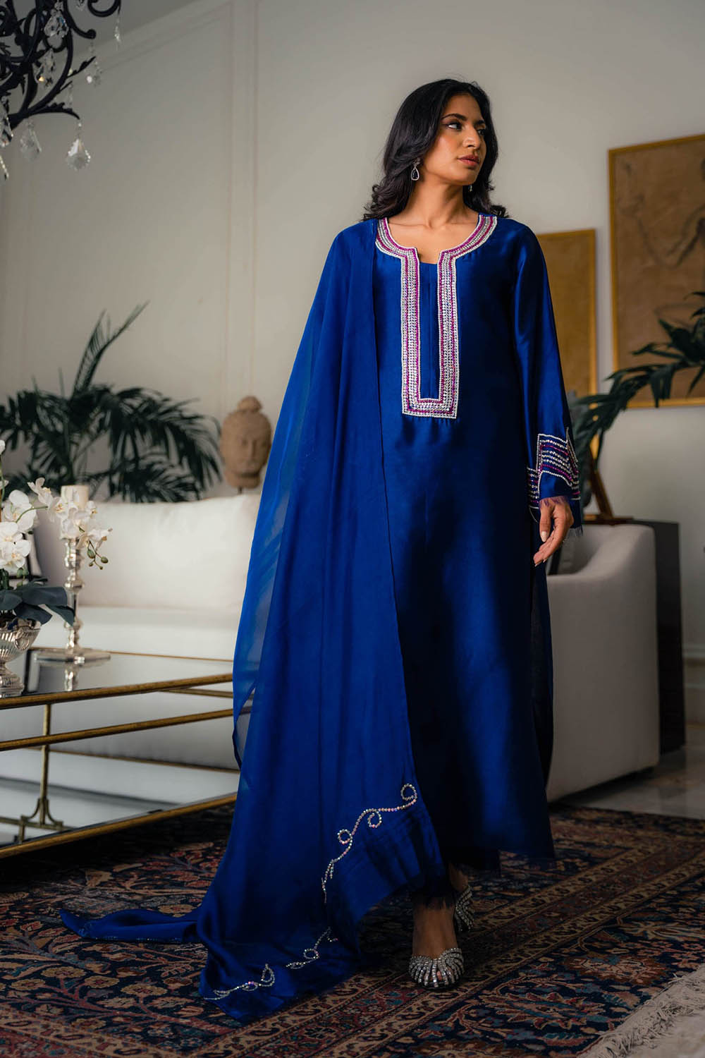 Royal Blue Embellished Kurta Set with Sheer Dupatta