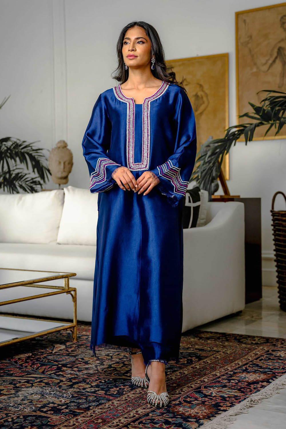 Royal Blue Embellished Kurta Set with Sheer Dupatta