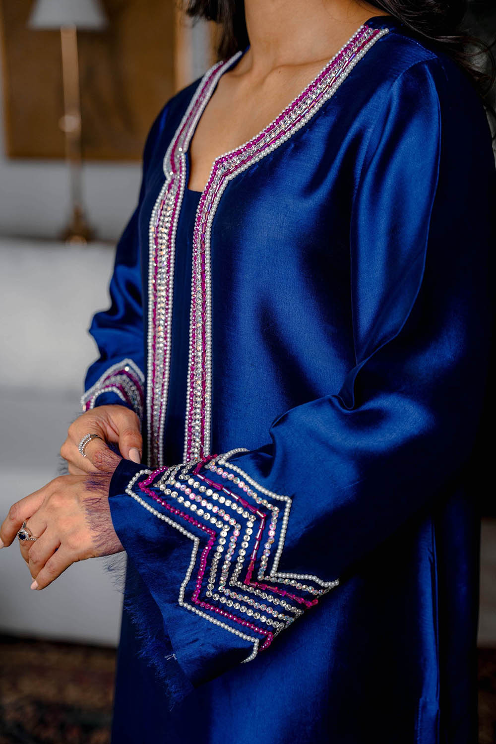 Royal Blue Embellished Kurta Set with Sheer Dupatta
