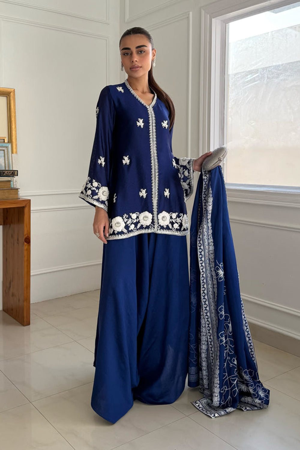 Royal Blue Embroidered Silk Suit Set with Dupatta