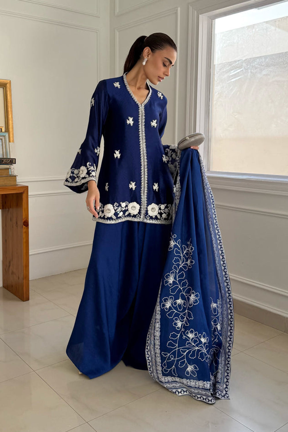 Royal Blue Embroidered Silk Suit Set with Dupatta
