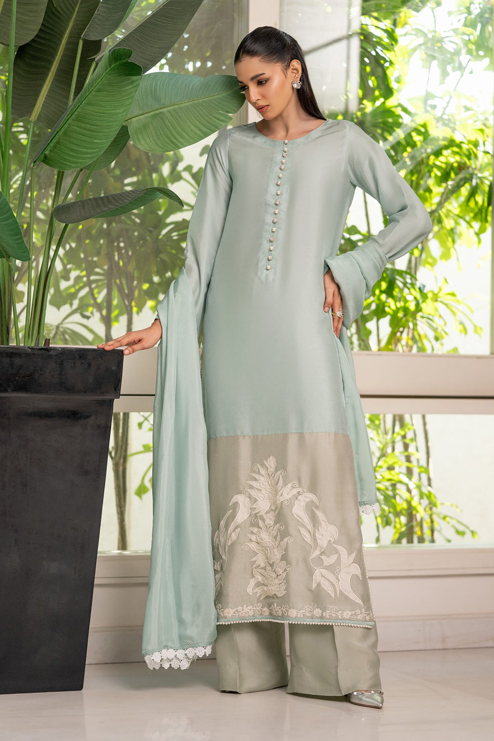 Sage Green Embroidered Suit Set with Dupatta