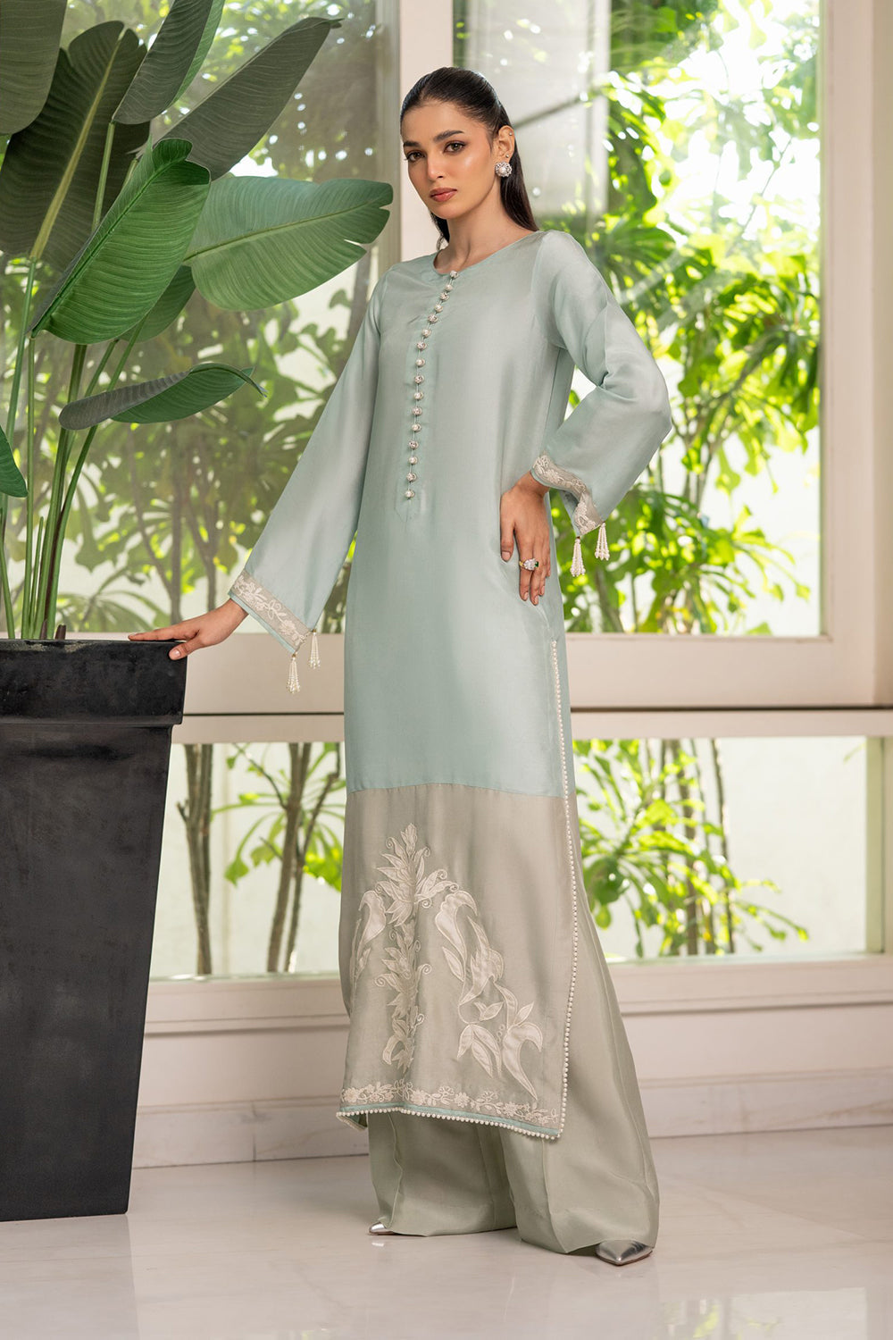 Sage Green Embroidered Suit Set with Dupatta