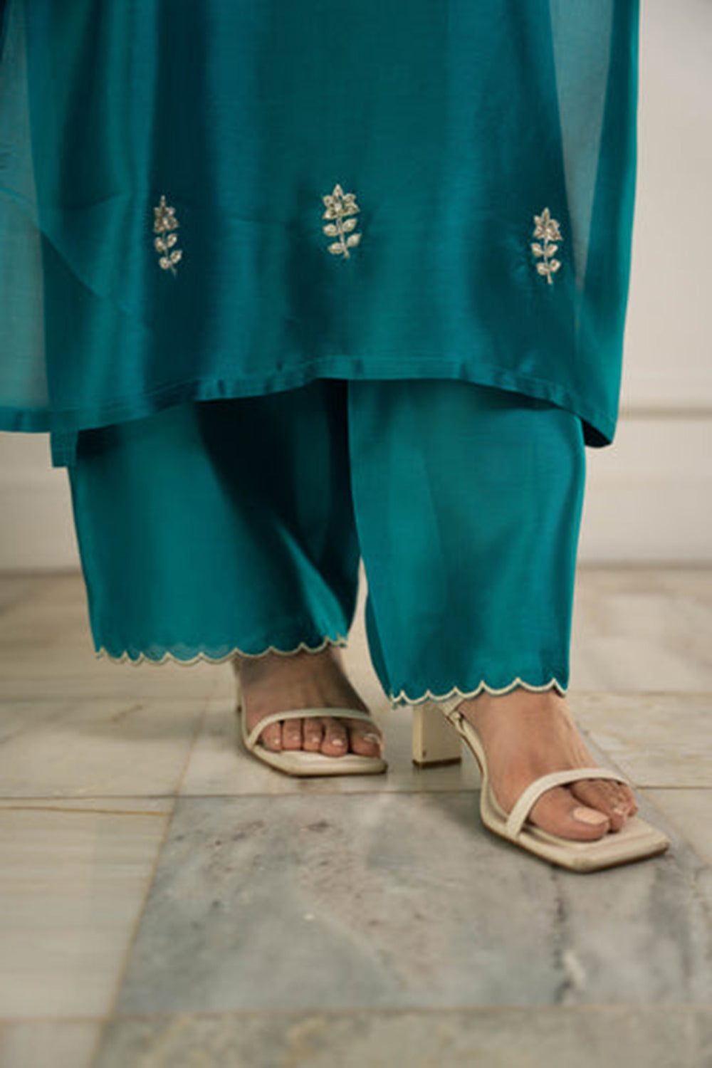 Teal Blue Kurta Set with Intricate Silver Work