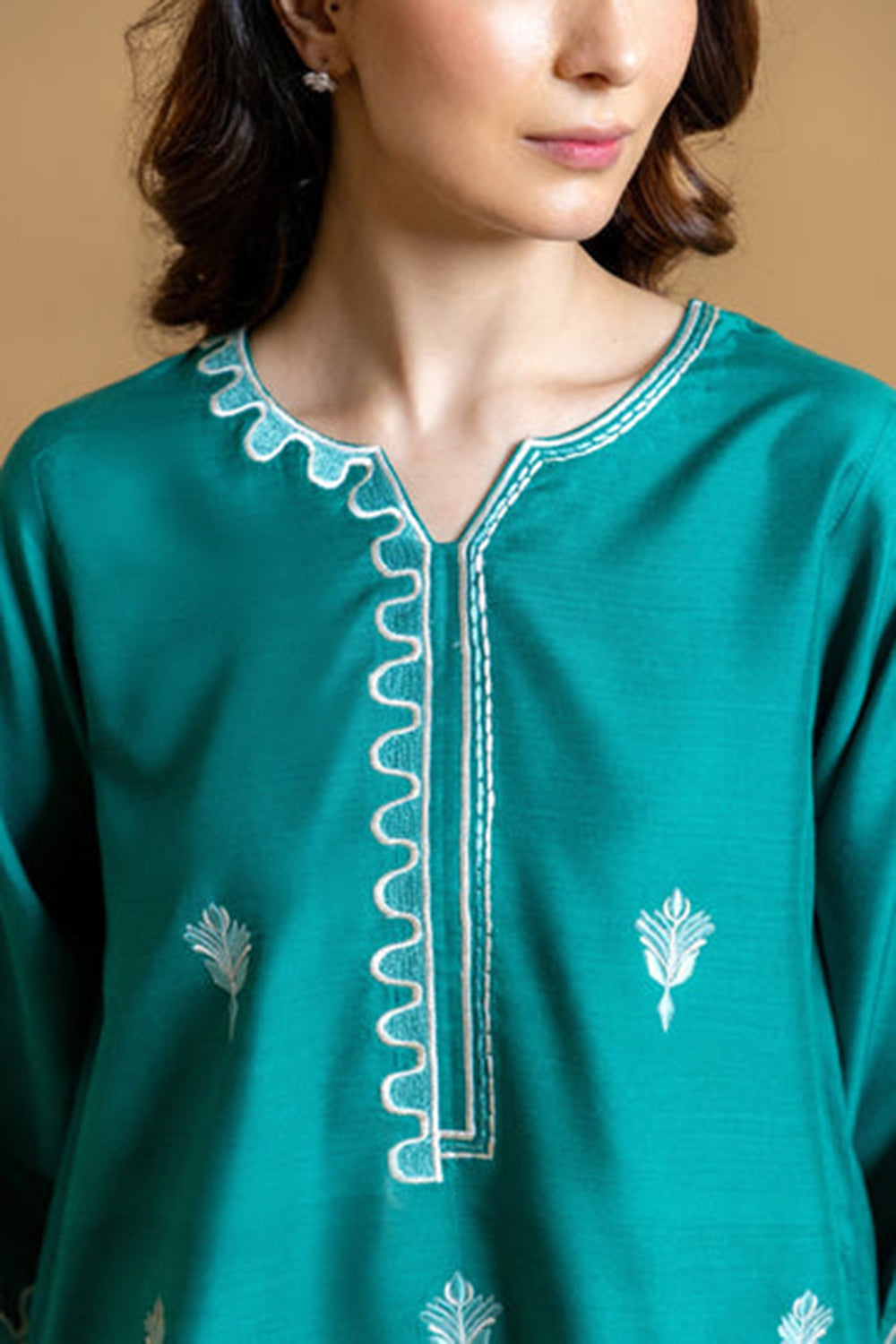 Teal Scallop Embroidered Kurta Set
