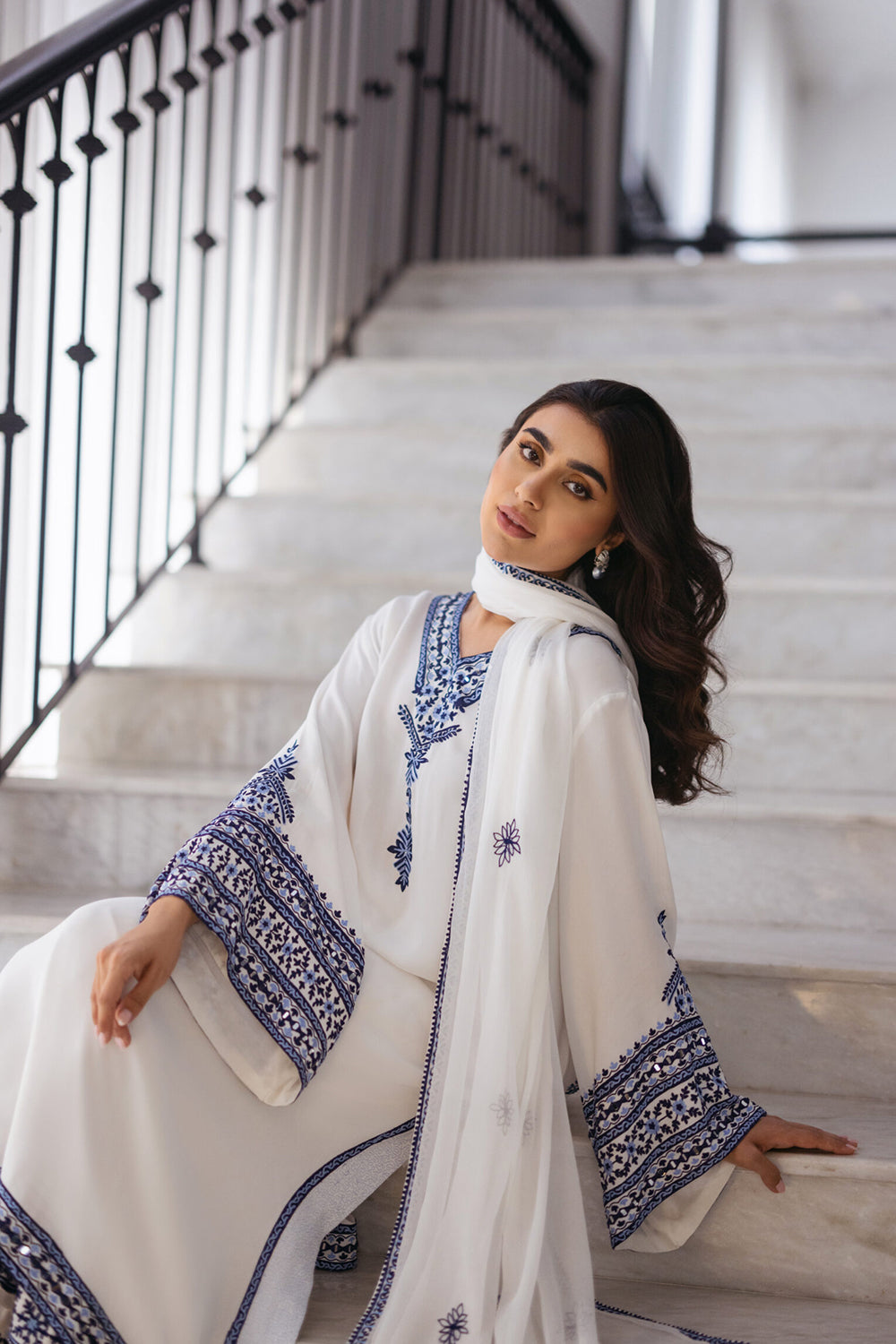 White Women Embroidered Kurta Pant Dupatta Set