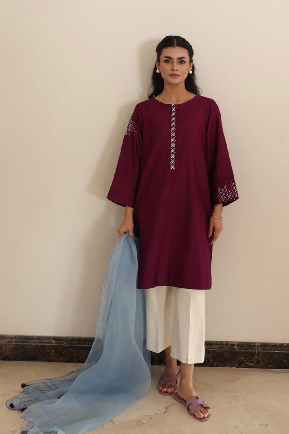 Wine Berry Kurta Set with Organza Dupatta