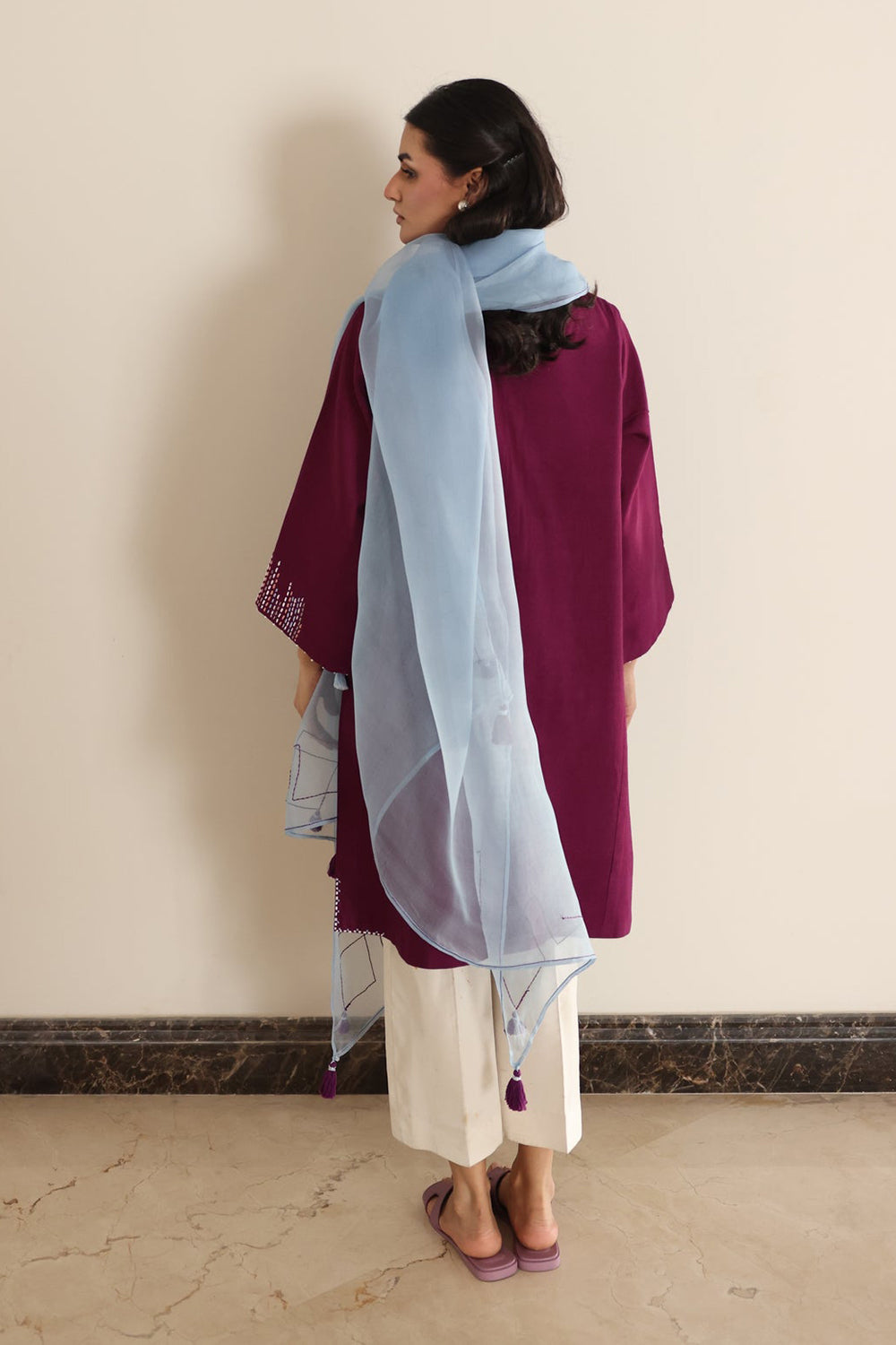 Wine Berry Kurta Set with Organza Dupatta