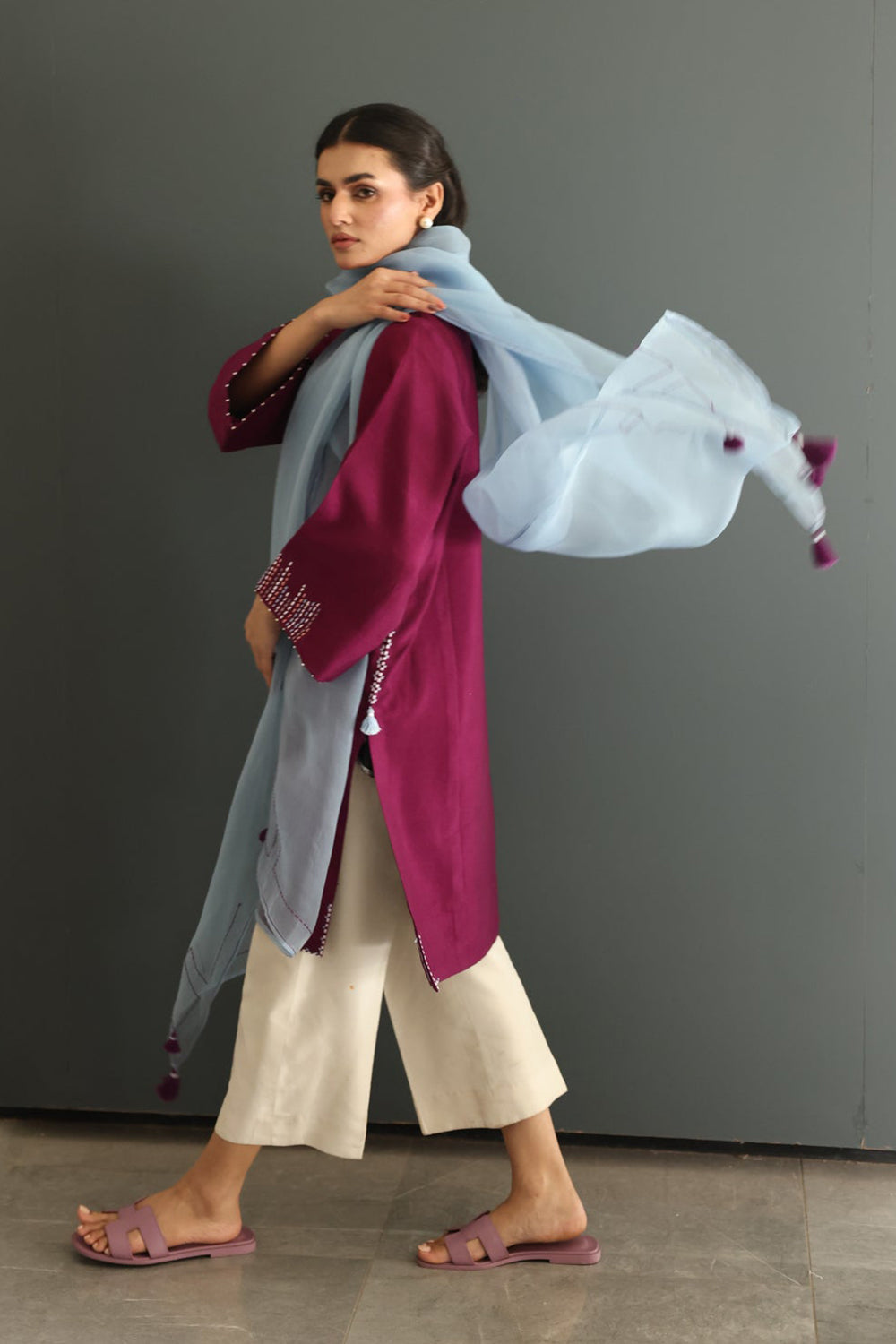 Wine Berry Kurta Set with Organza Dupatta