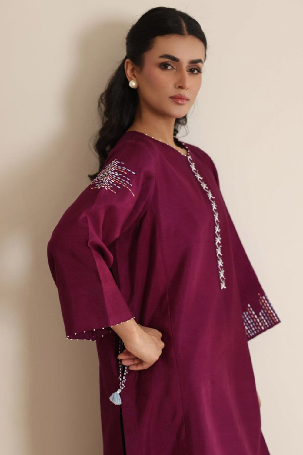 Wine Berry Kurta Set with Organza Dupatta