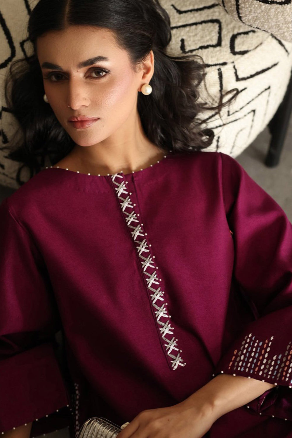 Wine Berry Kurta Set with Organza Dupatta