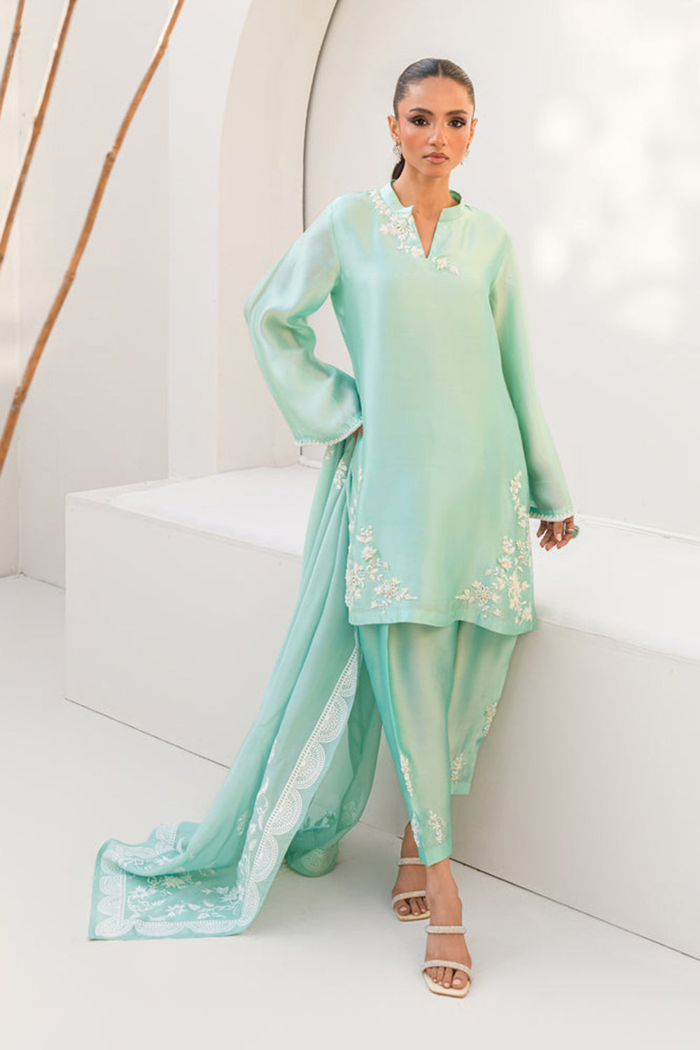 Women Aqua Blue Embroidered Silk Suit Set with Tulip Pants