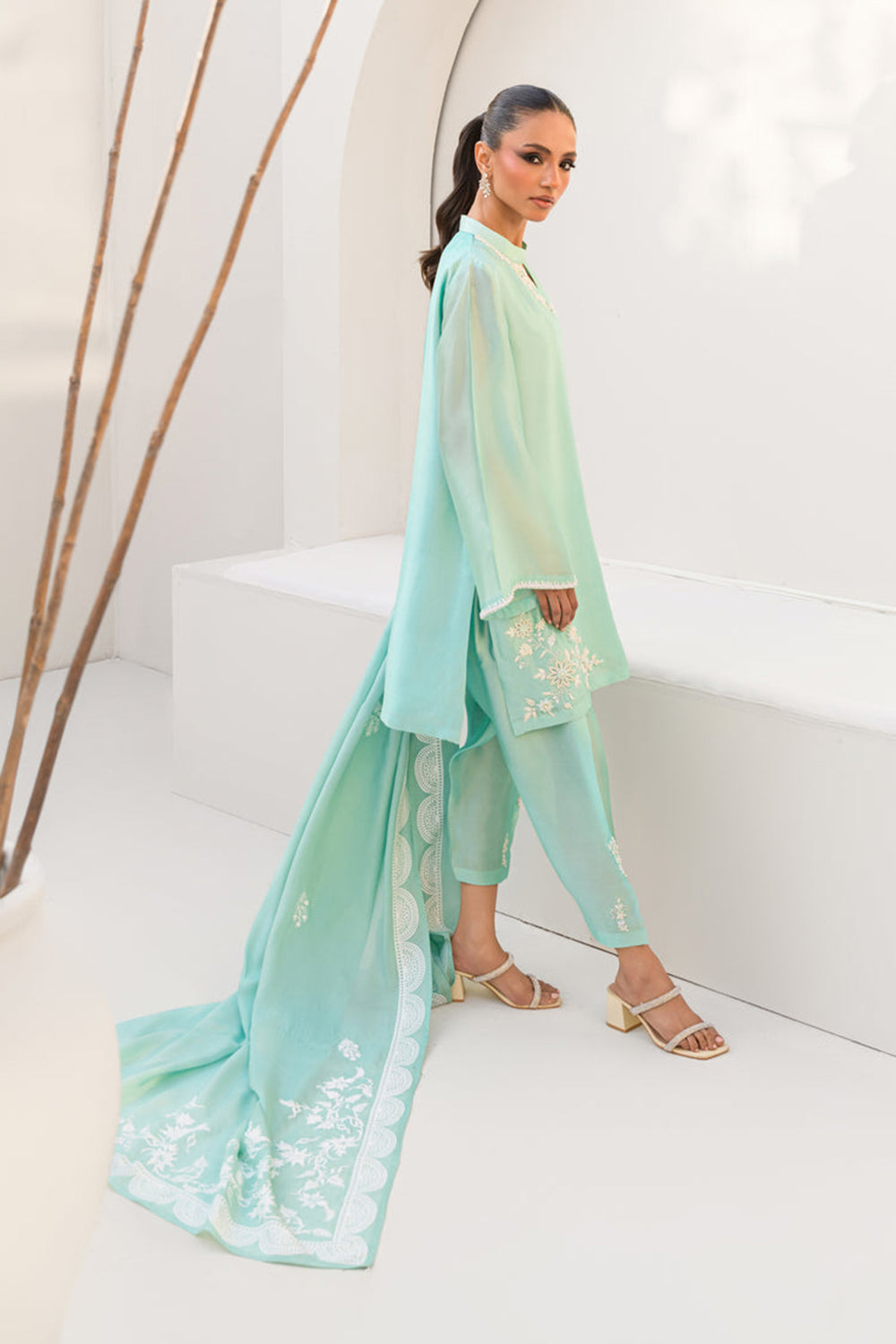 Women Aqua Blue Embroidered Silk Suit Set with Tulip Pants