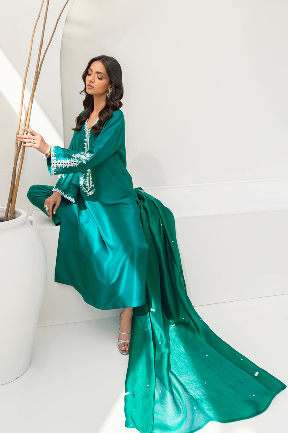 Women Emerald Green Embroidered Silk Suit Set