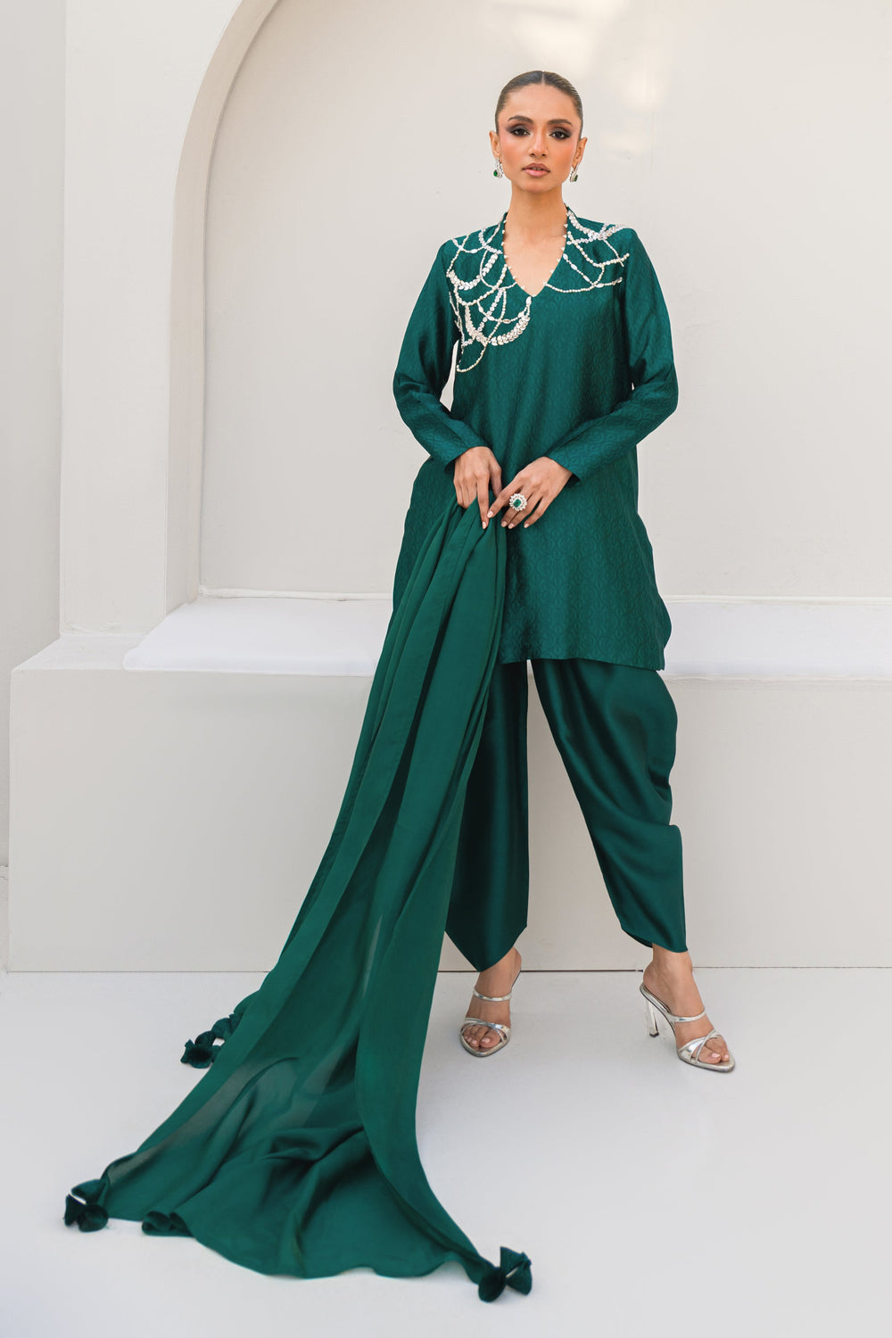 Women Emerald Green Embroidered Silk Suit Set with Tulip Pants
