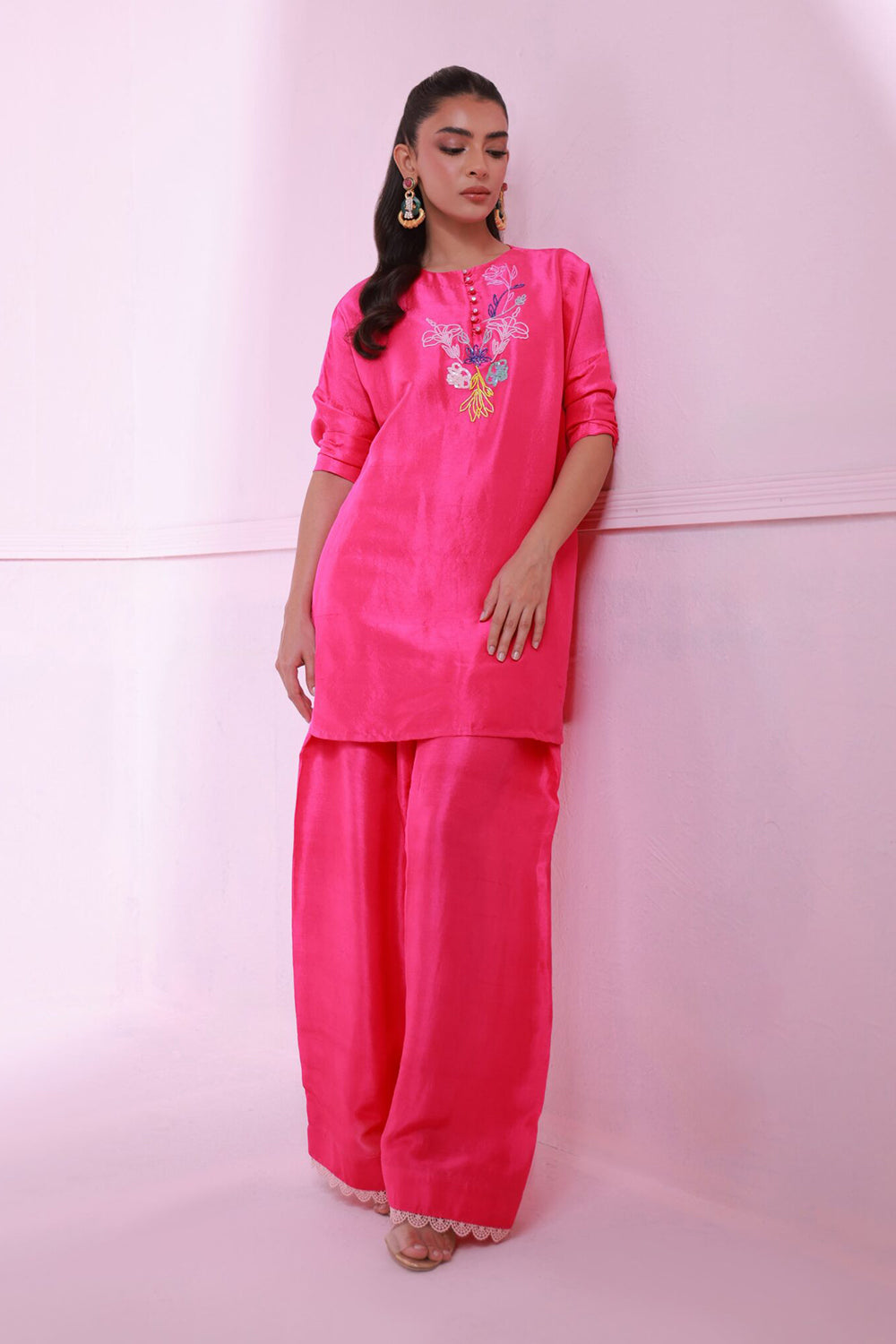 Women Hot Pink Embroidered Co-ord Set with Straight Pants