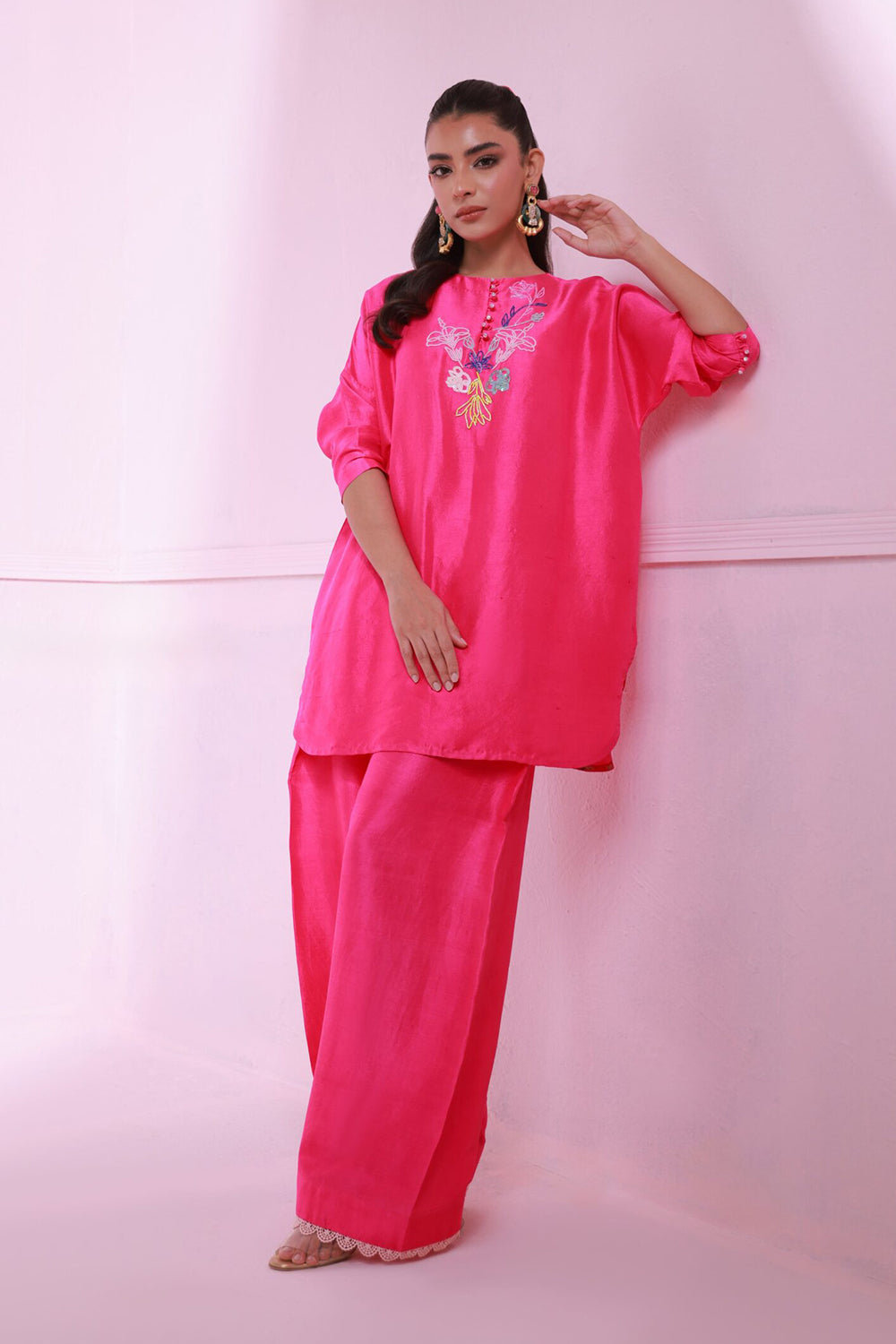 Women Hot Pink Embroidered Co-ord Set with Straight Pants