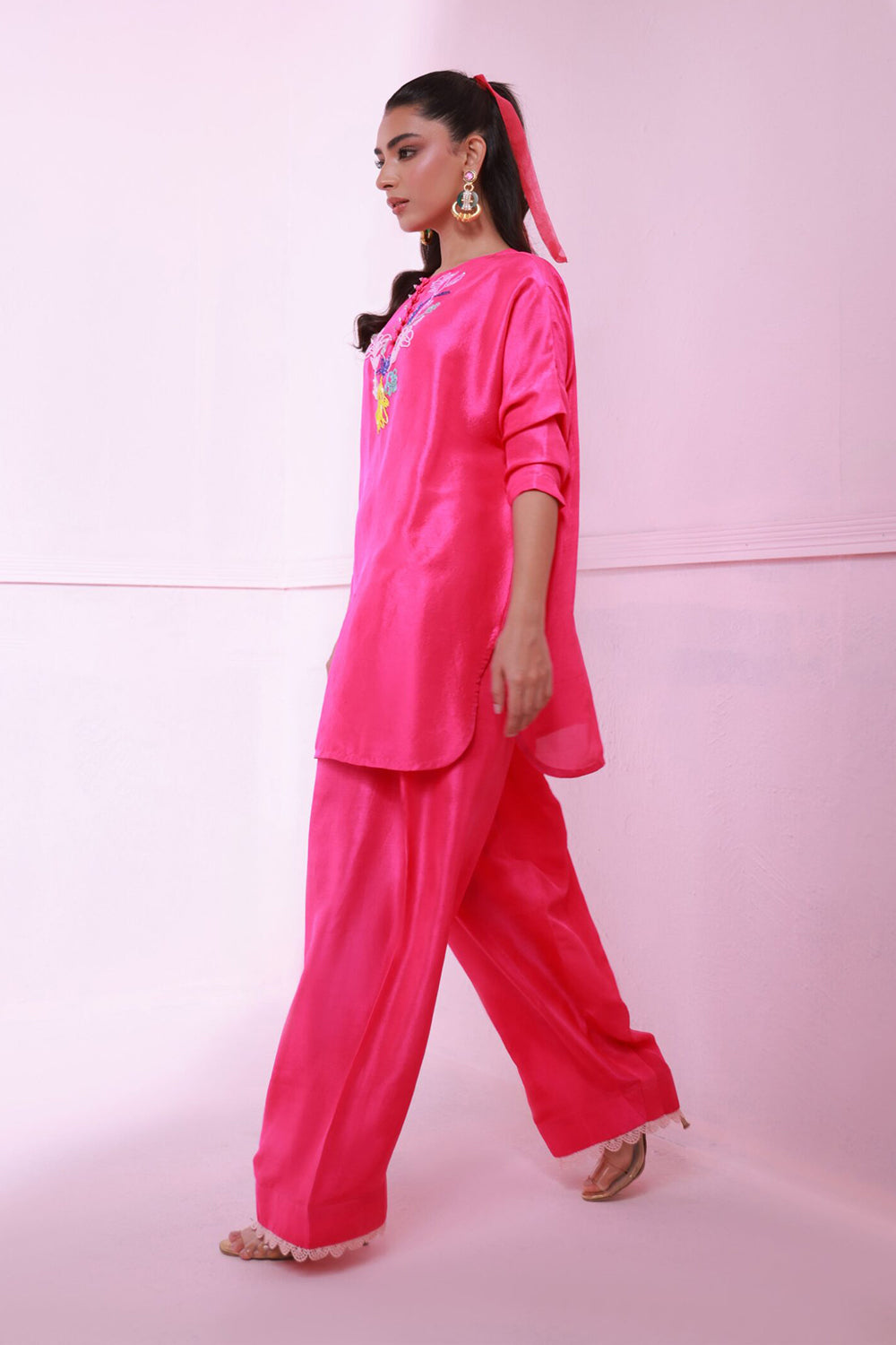 Women Hot Pink Embroidered Co-ord Set with Straight Pants