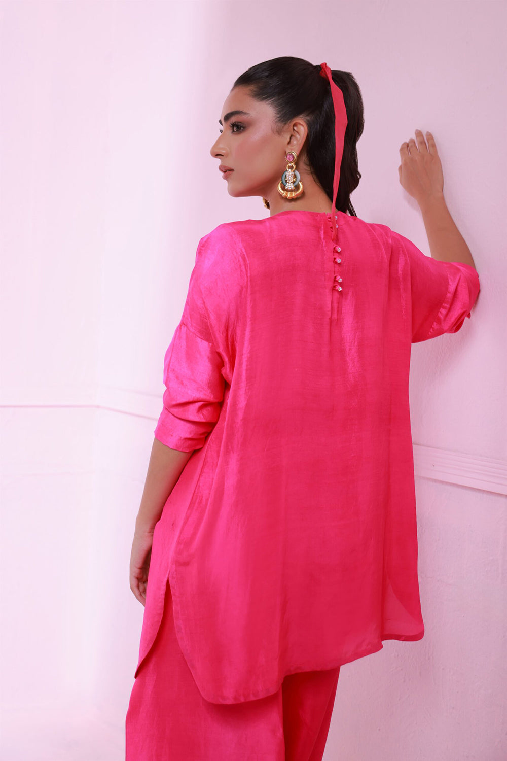 Women Hot Pink Embroidered Co-ord Set with Straight Pants