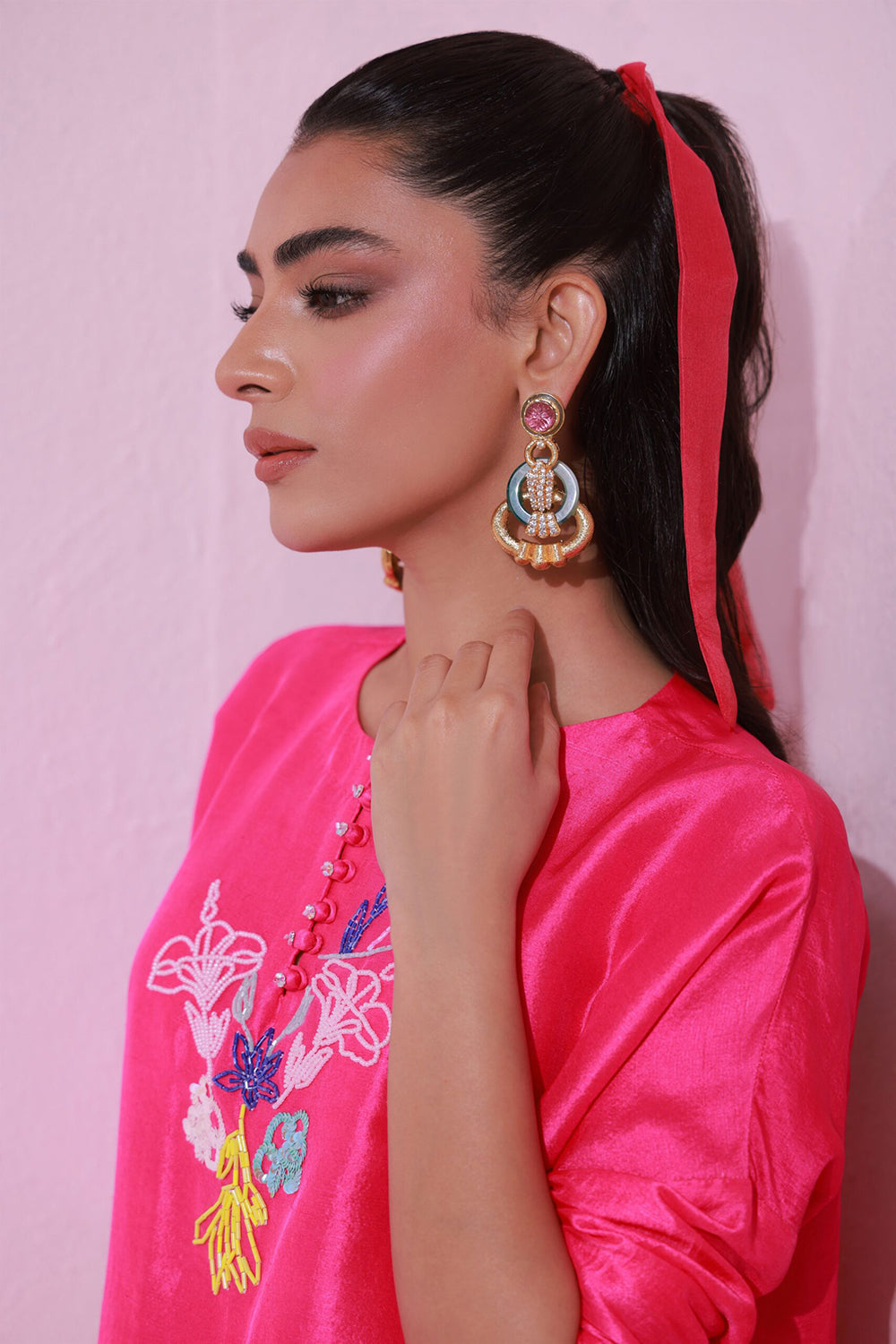 Women Hot Pink Embroidered Co-ord Set with Straight Pants