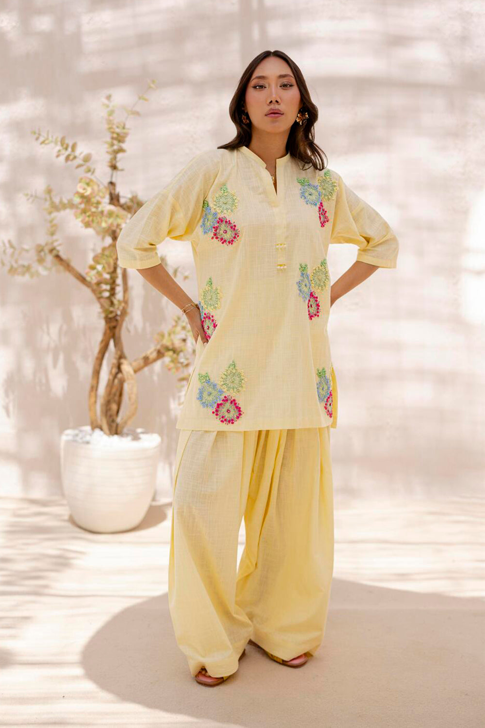 Women Lemon Yellow Embroidered Kurta Set with Salwar