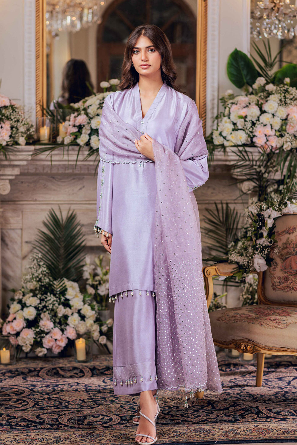 Women Lilac Embroidered Silk Suit Set with Organza Dupatta