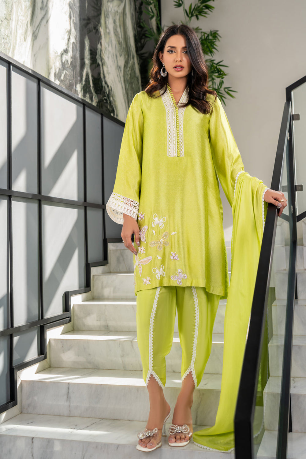 Women Lime Green Embroidered Silk Suit Set