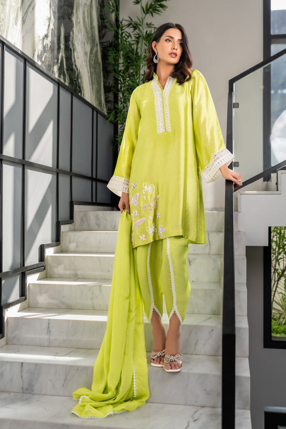 Women Lime Green Embroidered Silk Suit Set