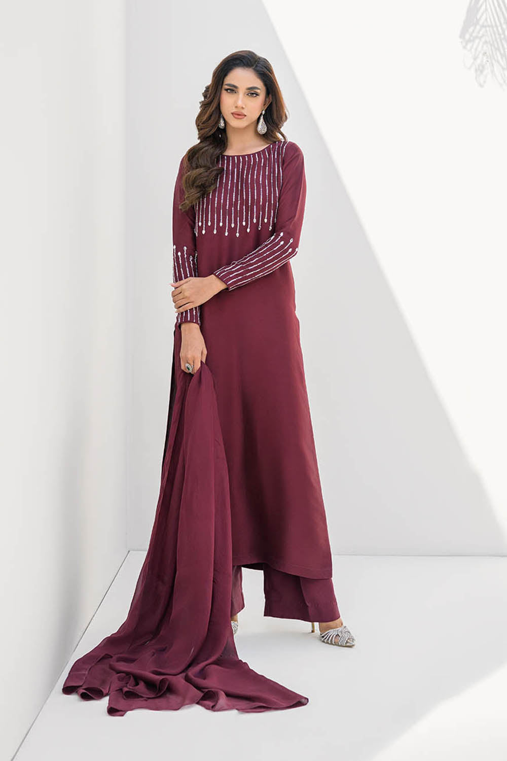 Women Maroon Glace Cotton Embroidered Suit Set